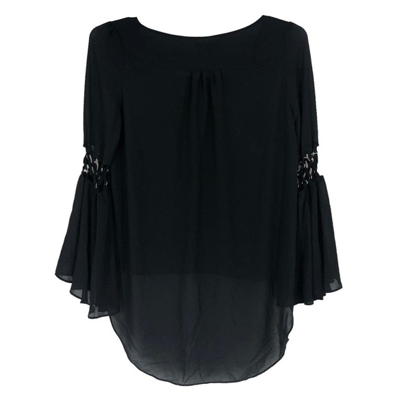 Double Zero Sheer Black Fancy Bell Sleeve Top with Hi/Lo Hem sz M Sexy Tunic - Picture 2 of 8